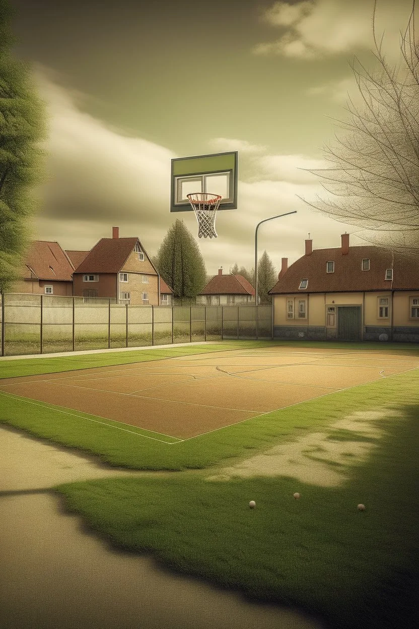 Basketball field in small danish town near viking structure in ps2 style