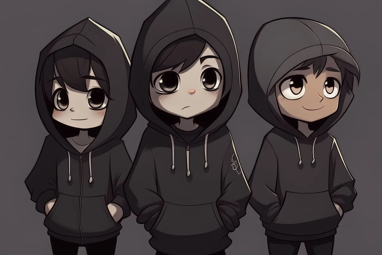 6 very simple and cute dark cartoon characters that I could draw with hoodies