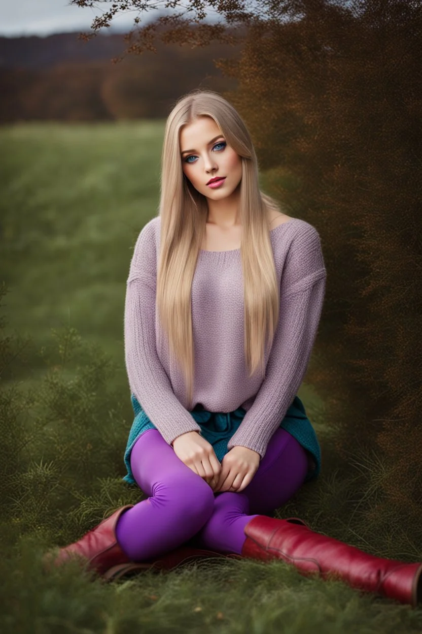 beautiful 18 year old girl with ash blonde hair and blue eyes with her curvy hair down, wearing a long-sleeved woollen top, and lilac long leggings, with long red boots full body shot