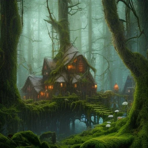 fantasy forest with houses tiered on ramps covered with thick moss, flickering light, 8k resolution, high-quality, fine-detail, intricate, digital art, detailed matte, volumetric lighting, illustration, octane render, George Grie, Ben Goossens, Igor Morski, brian froud, howard lyon, selina french, anna dittmann