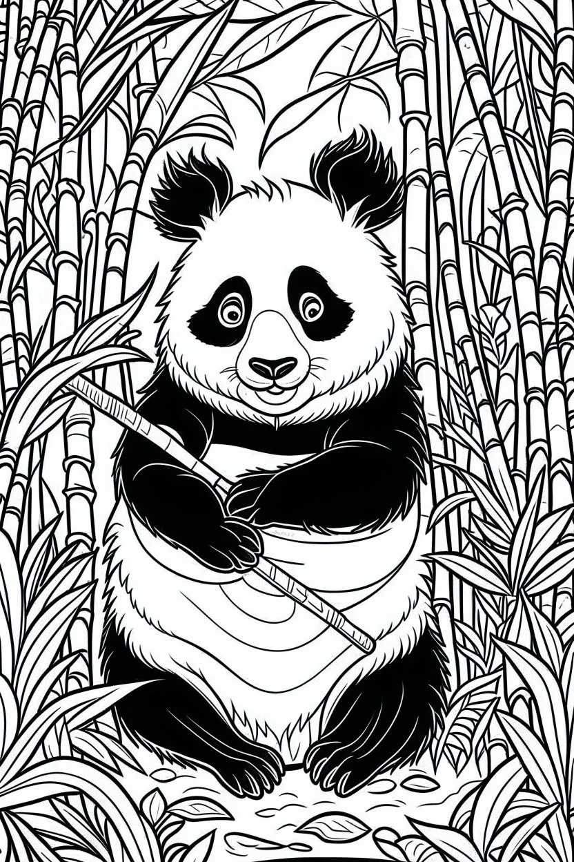 DRAW TO COLORING OF A PANDA WITH A BAMBOO BACKGROUND, CARTOON STYLE, LOW DETAILS, THICK LINES, NO SHADING, NO COLOR