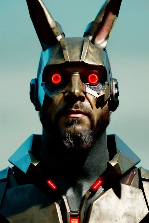 Medium Close Up Portrait, Front image. cyborg, cyberpunk, rabbit mask, strong man, long hair and beard. Latex suit army, leds. Red, black, color. camouflage style. Color background, photo studio. highly detailed, concept art, smooth, unreal engine 5, ray tracing, RTX, lumen lighting, ultra detail, volumetric lighting, 3d, finely drawn, high definition, high resolution.