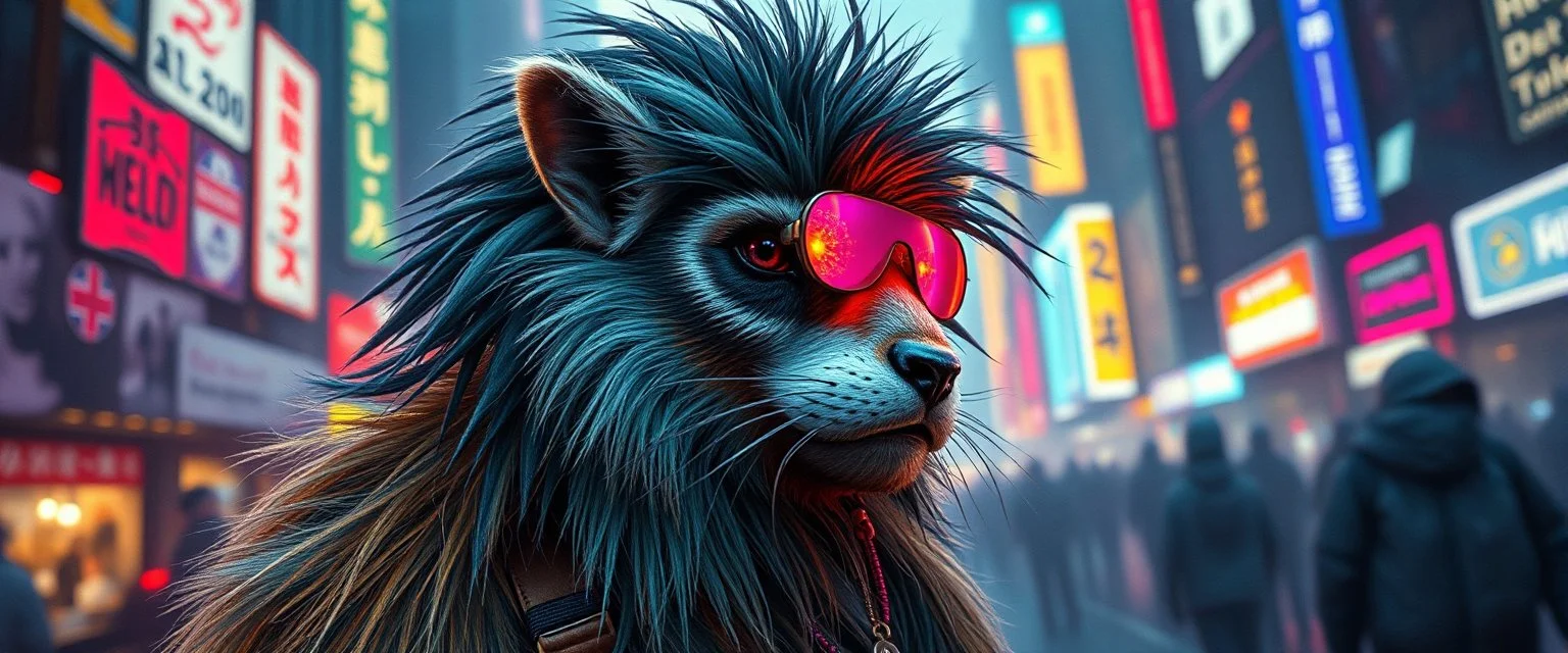 cyberpunk weasel rasta man with cute fur, in big cyberpunk city