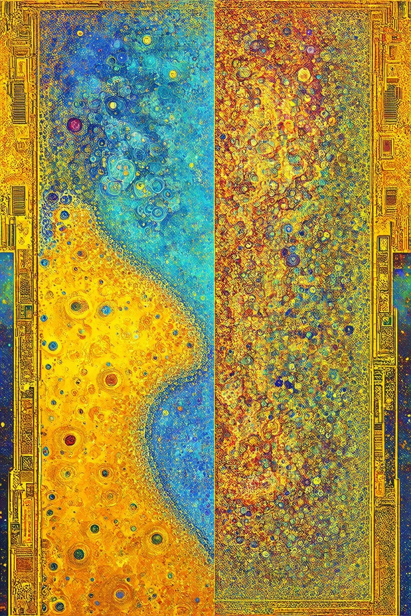 Cantor set fractal in split complementary pastels outlined with golden elements of Klimt