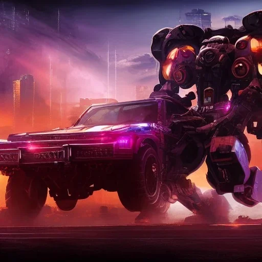 cyberpunk, landscape, transformers, hi-tech robots, GUITARS, cinematic, highly detailed, close up, 4k, deep colors, gold, fire, red, purple, dark, ethereal, utopia, apocalypse, flying Cadillac, from outer space