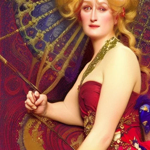 merryl streep with norwegian flag, plum, fantasy, intricate, elegant, highly detailed, digital painting, artstation, concept art, smooth, sharp focus, illustration, art by gaston bussiere and alphonse mucha