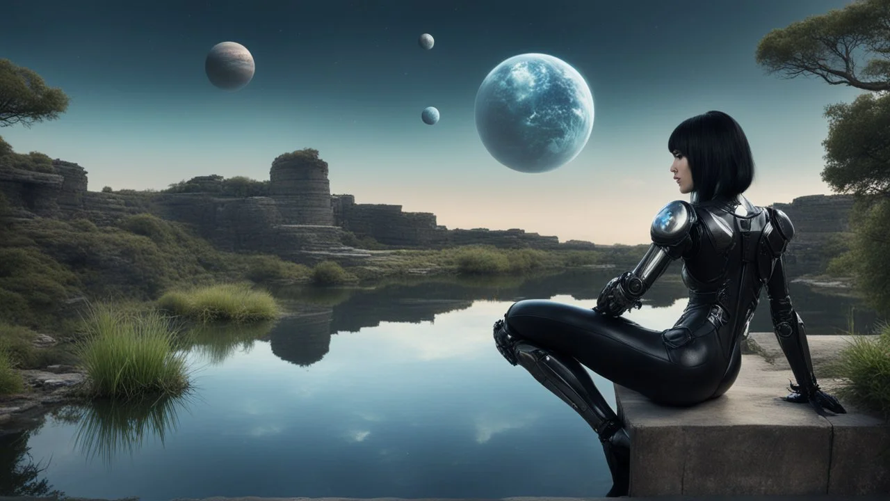 Fantasy Photo Of A Woman With Black Hair, Wearing A robot-looking catsuit, Sitting sideways On A Ledge next to a Pond, With A Planet Behind Her Head