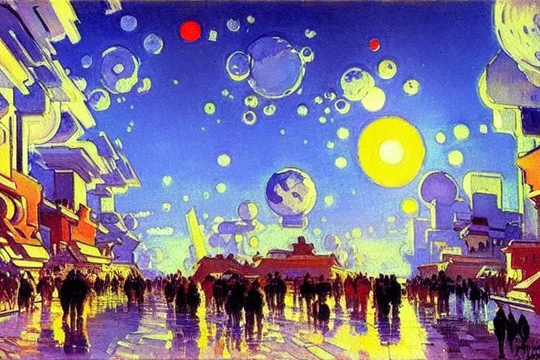 Epic futuristic street, exoplanet in the sky, konstantin korovin impressionism painting