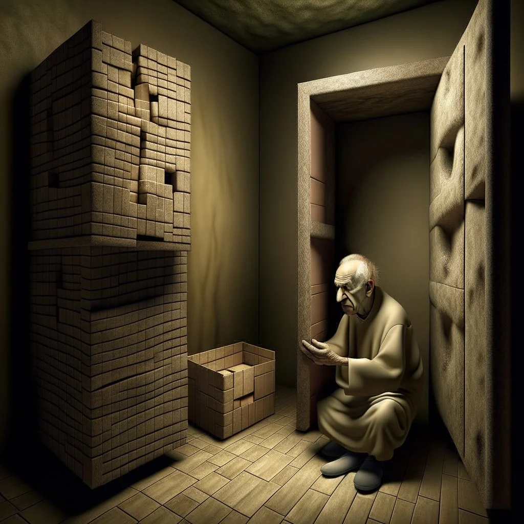 opening up a tiny box inside a wall, cubic room with old man in gown of jute cowering scared, neo surrealism, eerie, anxiety, claustrophobia