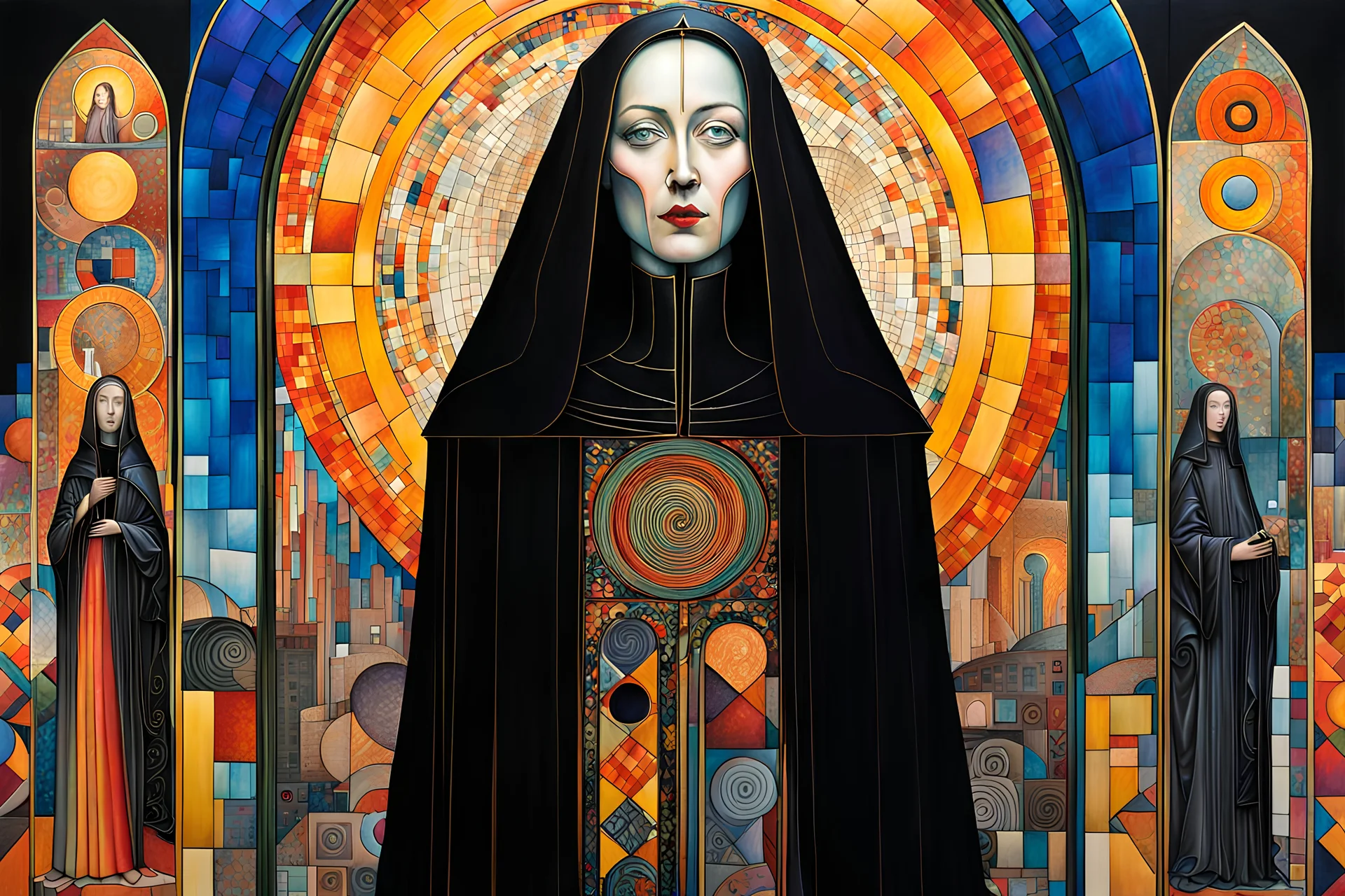 Create chaotic abstract cubist full body religious triptych depicting a martyred Gothpunk Saint Hildegard of Bingen , with highly detailed facial features, in the style of Bill Sienkiewicz, Philippe Druillet, Gustav Klimt, and Jean Giraud Moebius, precisely drawn, colored and inked