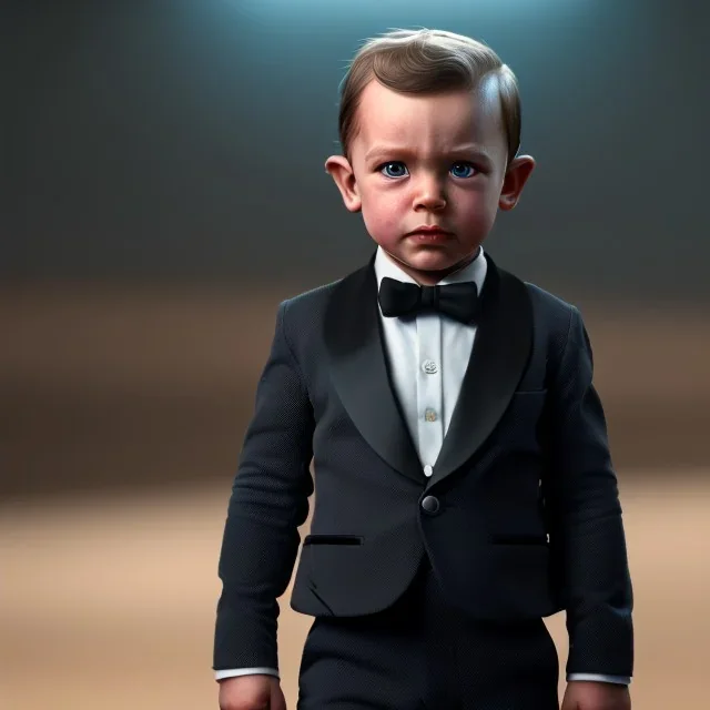 James bond toddler, full body, car, dramatic lighting, hyper realistic