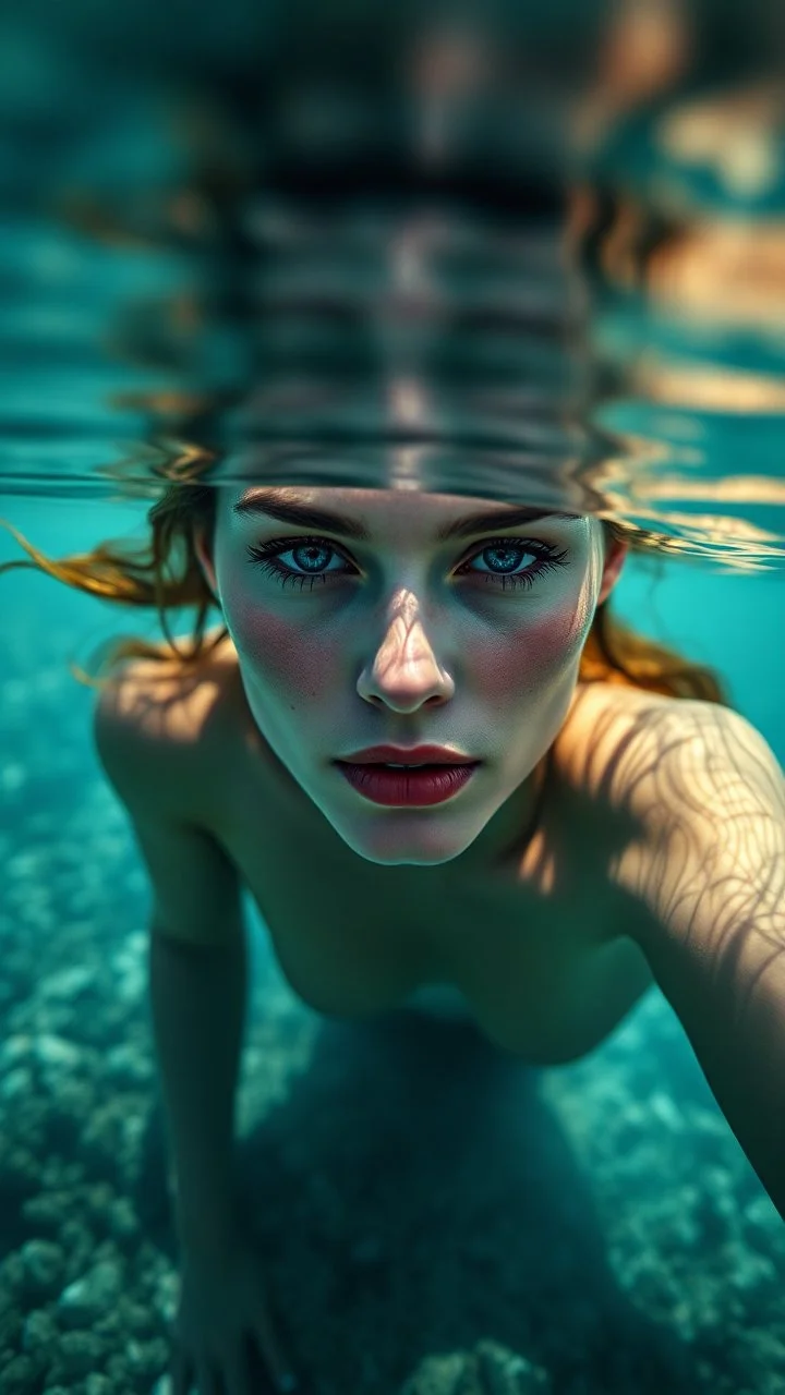 Photo by Richard Avedon.A macro-detailed portrait photograph.An incredibly beautiful nymph, a woman.Portrait on the water surface, through which the seabed shines through. Inspired by the works of Magdalena Oleksy and Jakub Rozalski.