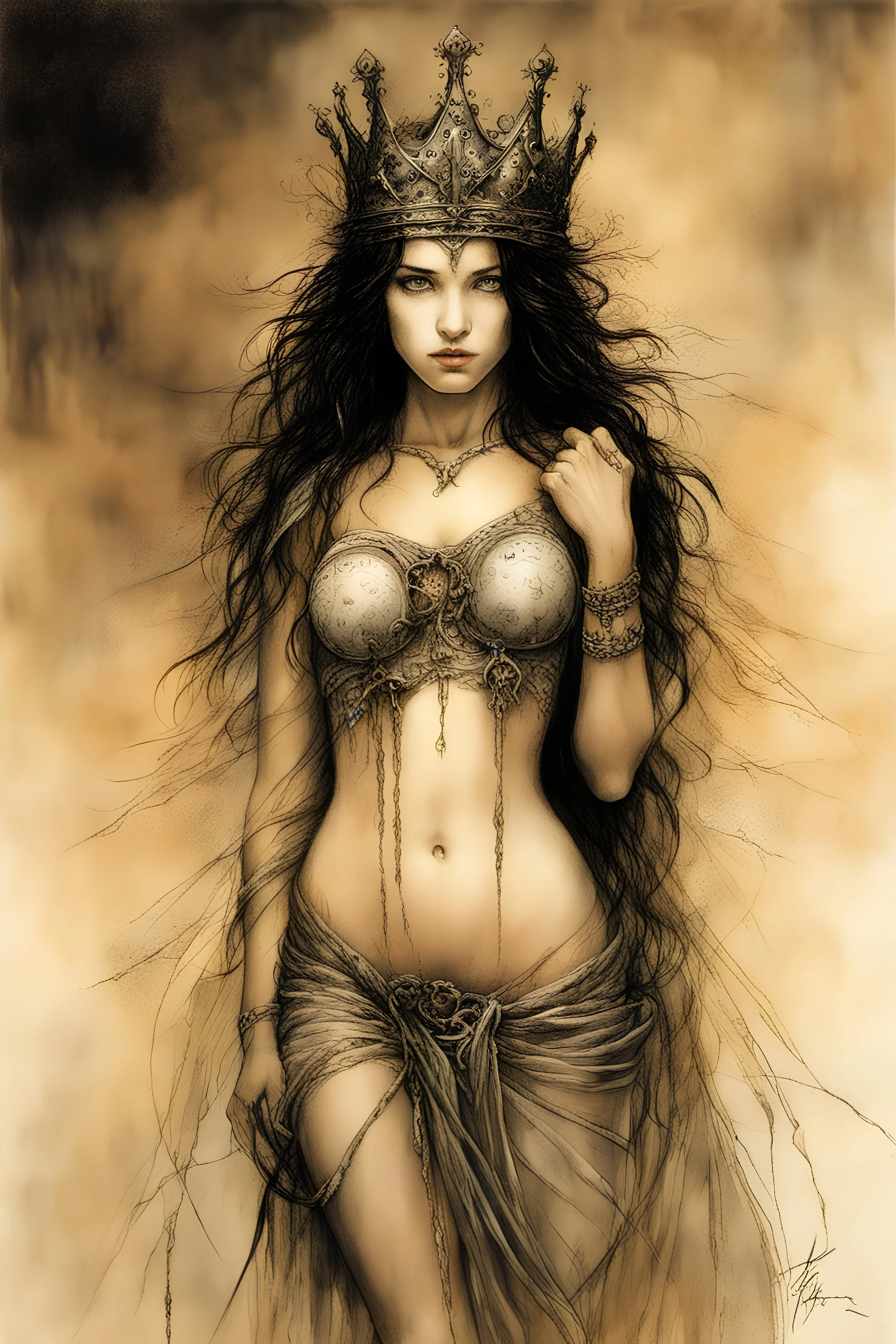 Hyper-photorealistic watercolor art style by Luis Royo, Surreal fine art etching of a figure by Luis Royo, tanned skin inscribed with the transient story of mortality, ethereal light playing with its form whispering tales of an eternal realm, eyes, black as the depths of the night, ardently pinand looking towards the endless skies, a crown of black hair mirroring the mystery of the cosmos around, whole scene tinged with an ethereal softness from volumetric lighting, hues gr, Mysterious