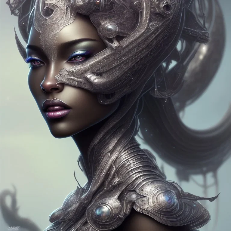 fantasy magic, intricate, sharp focus, illustration, highly detailed, digital painting, concept art, matte, masterpiece head sexy front view black African beauty space lady silver carp skin one head African space night