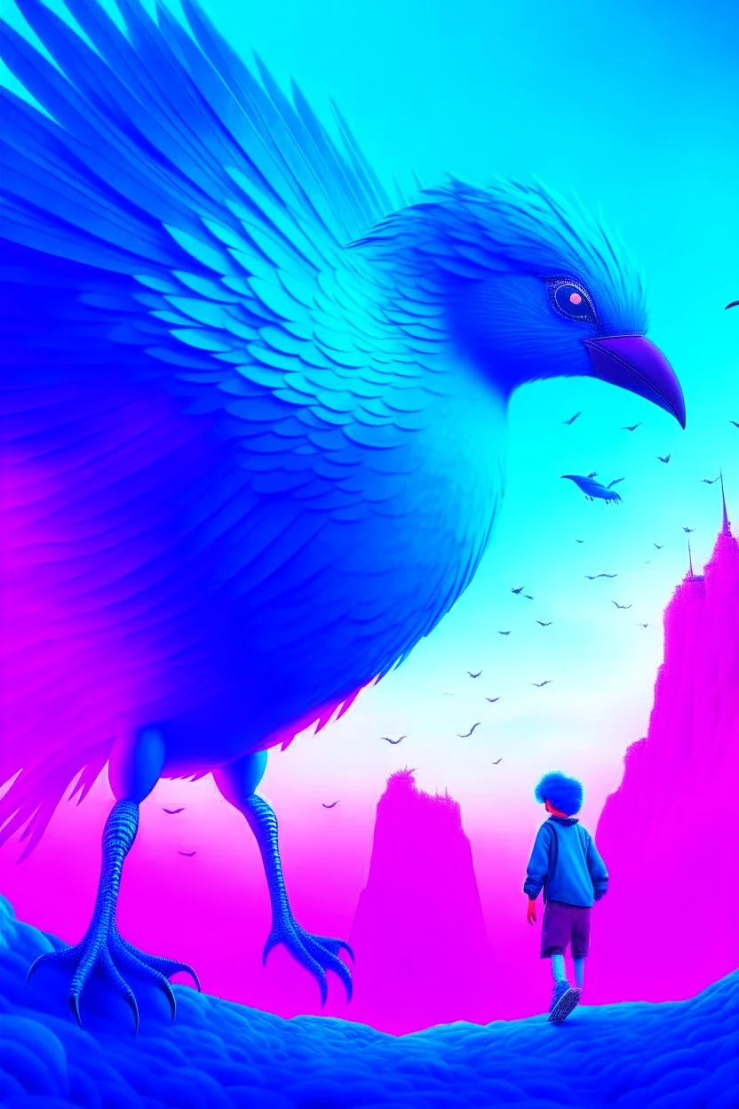 giant blue bird attacking small man in the metaverse style of beeple