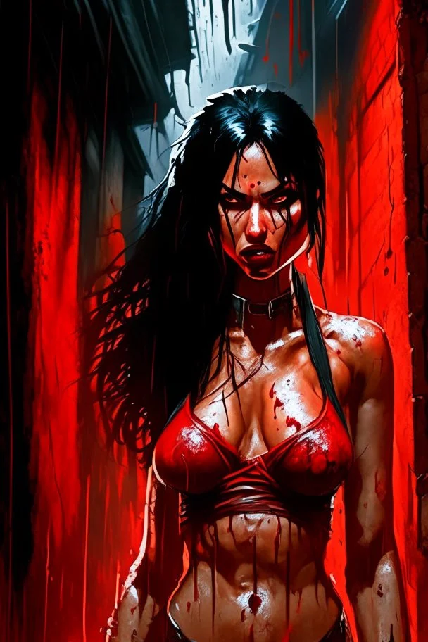 woman in a red bikini standing in a dark alley, by Aleksi Briclot, digital art, girl with black hair, bloody river in hell, as a fortnite character, woman very tired, ready to fight, no yellow color in eyes, torrential rain of blood, stylised comic art, uncharted, bbc promotional artwork