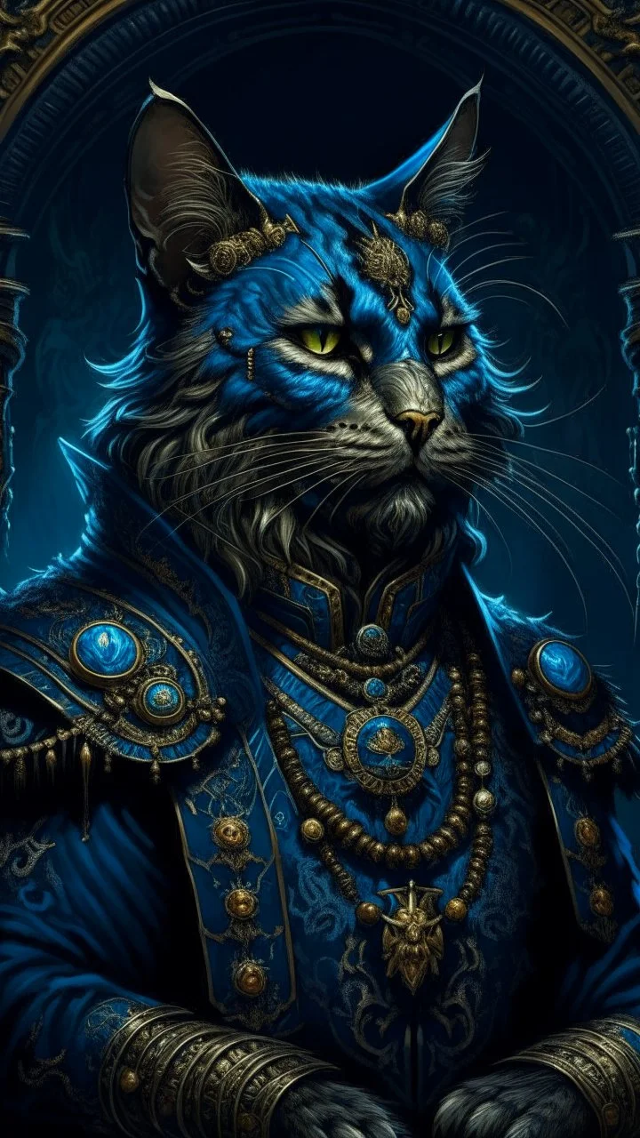 Upscale orkand almost leads to the extinction of cat musk king with chrown, in an accurate revenge scheme,Dramatic, dark and moody, inspired style, with intricate details and a sense of mystery Blue background, 16k