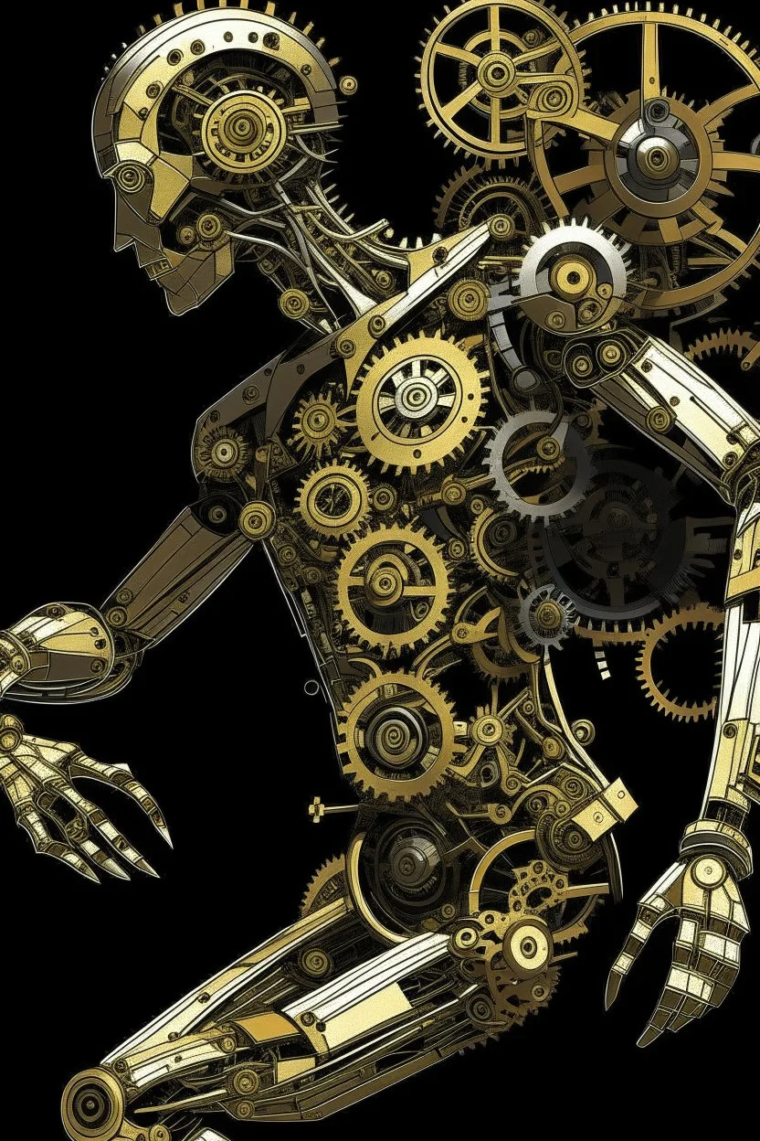 mechanical man punk cypher dancing detailed cogs and screws leonardo da vinci style detail STYLE OF Hiroshi Nagai