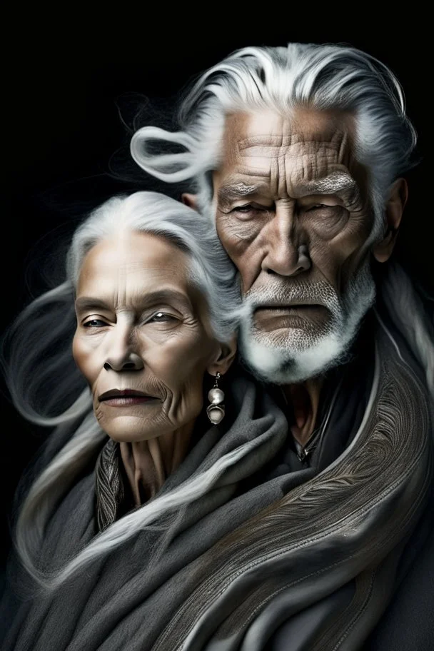 a photo of an White man and woman with ethnic jewelry, grey hair and grey flowing robe, in style of Annie Leibovitz, contemporary portrait of a mature yet beautiful and modernist, black and grey, detailed face, swirling fluid smokey enigma, award-winning artwork