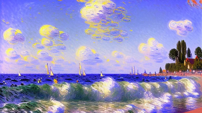 Sunny day, clouds, sea waves, alfred sisley painting