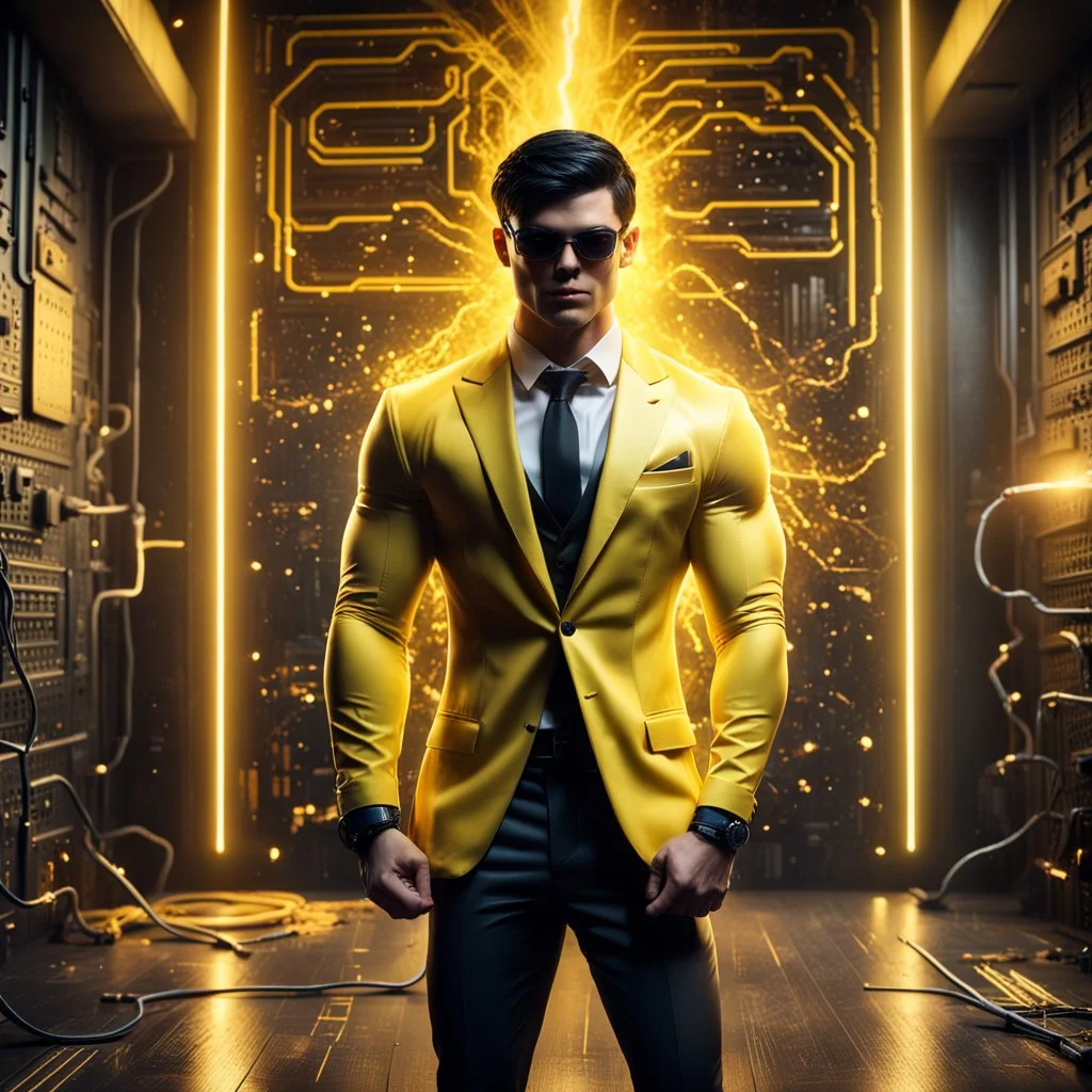 Hyper Realistic handsome muscular Electric-Superhero with short-black-hair wearing long-fancy-yellow-tuxedo & fancy-sunglasses in a dark-rustic-circuit-room with electric-sparks-&-rays & a massive circuit-board-wall showing dramatic & cinematic ambiance.