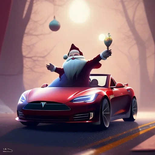 Santa claus driving his red Tesla convertible car, character design by cory loftis, fenghua zhong, ryohei hase, ismail inceoglu and ruan jia. unreal engine 5, artistic lighting, highly detailed, photorealistic, fantasy