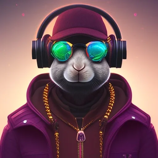 stylized anamorphic Rabbit, smiling, cyberpunk headphone, sunglass, gangsta gold neckless, full body, magenta puffer jacket, manila city backdrop, dramatic lighting, hyper realistic, unreal engine 5, 16k