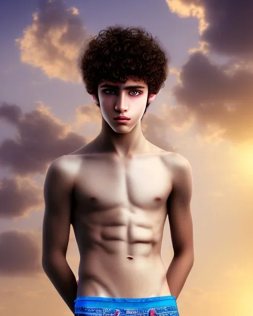 beautiful 12 year old arabic boy with long, curly hair and light blue eyes,shirtless, in front of a distant temple