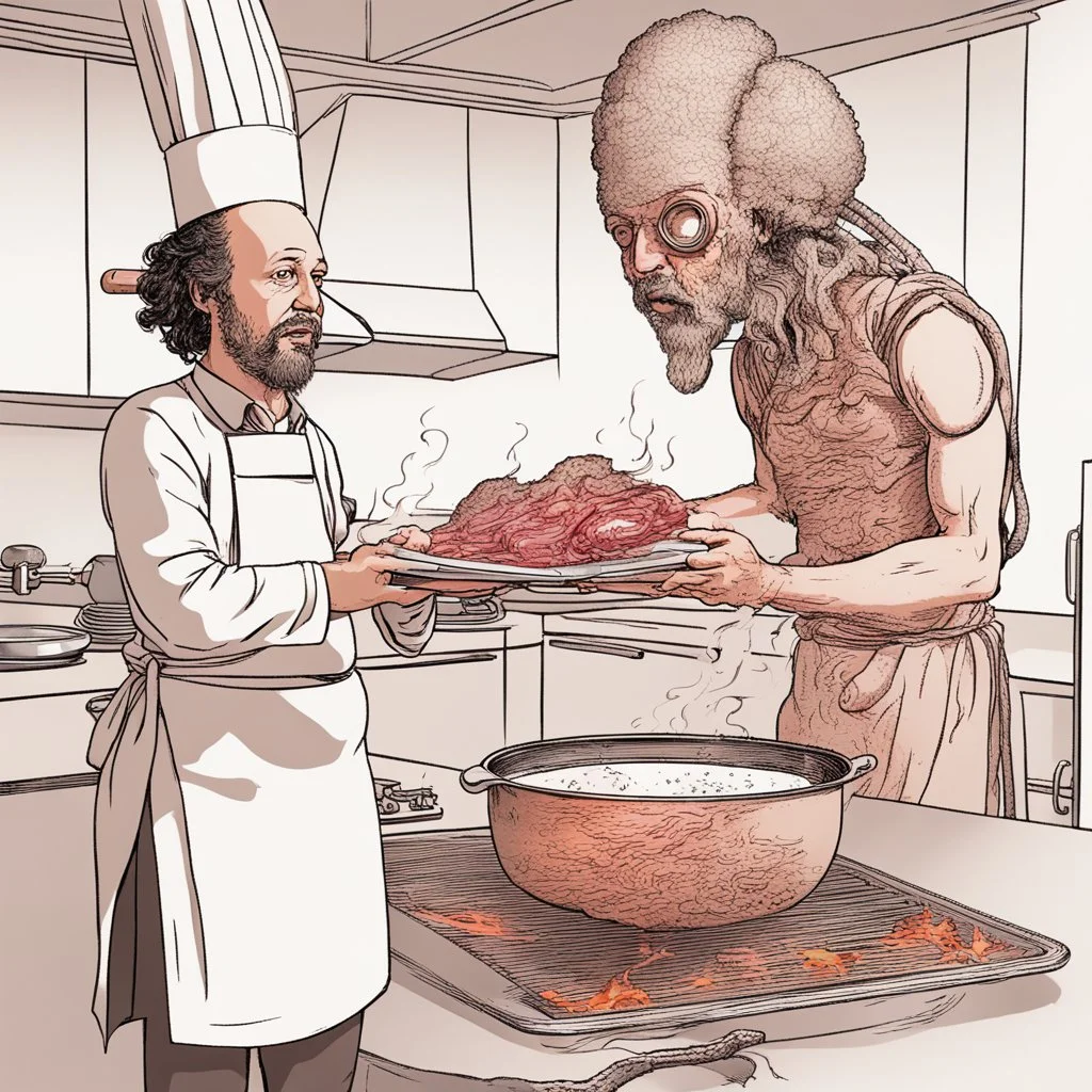 Ancient aliens cooking meat on fire in kitchen