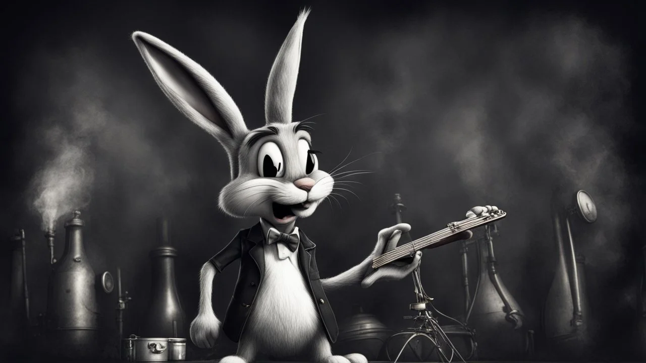 photorealistic deppressed dark melancholic sad Bugs bunny with blackeye deppressed doing music rock and roll dark heavy metal on a scene alcoholic, ciggaretes sad ciggarets