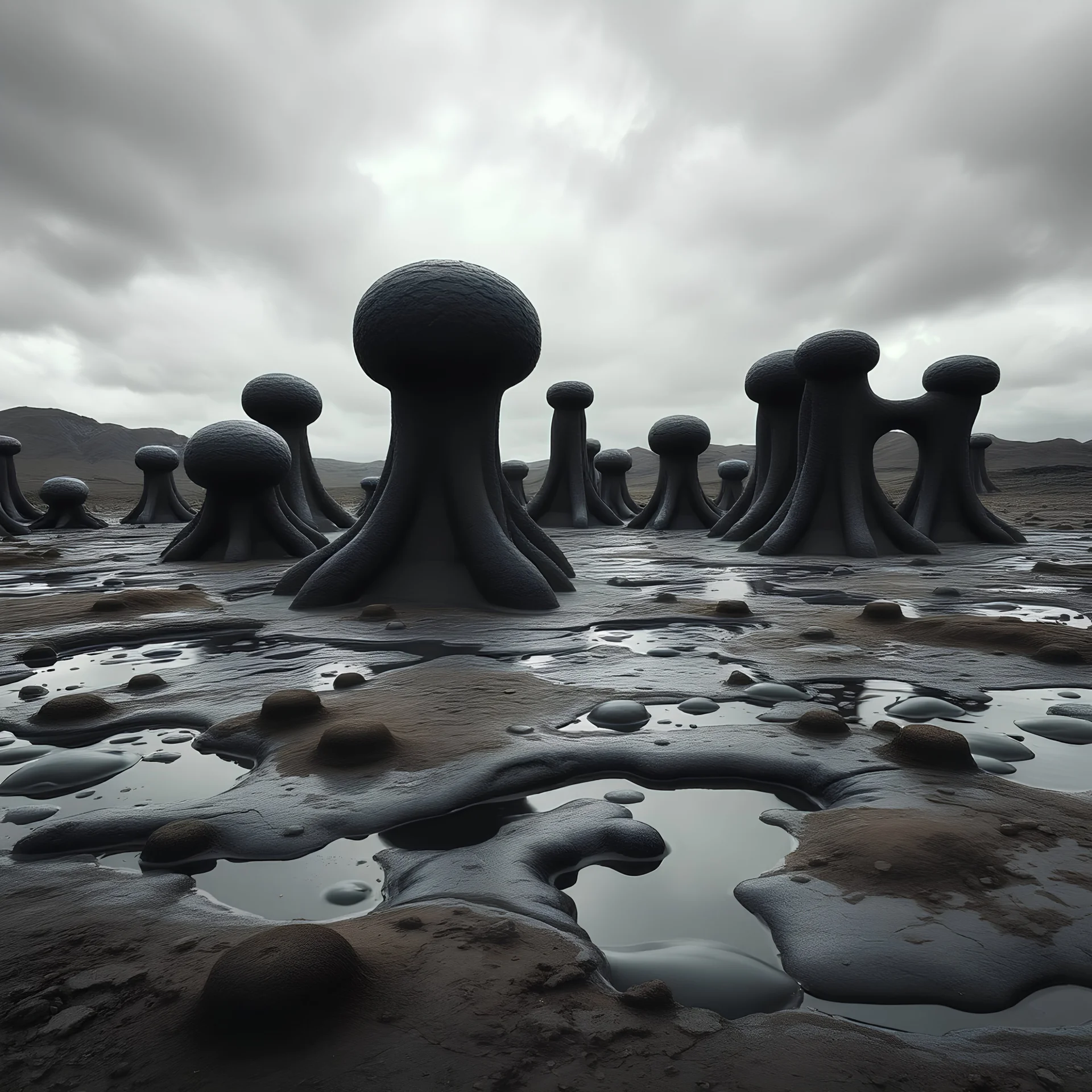 Photograph of a landscape with odd Yves Tanguy surreal forms, organic, creepy, strong texture, fiotti di liquido nero, horror, panic, obsessive, hypnotic, real world