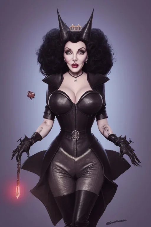 Joan Collins as evil queen in black leather, leather, busty, cleavage, angry, stern look. character design by cory loftis, fenghua zhong, ryohei hase, ismail inceoglu and ruan jia. unreal engine 5, artistic lighting, highly detailed, photorealistic, fantasy