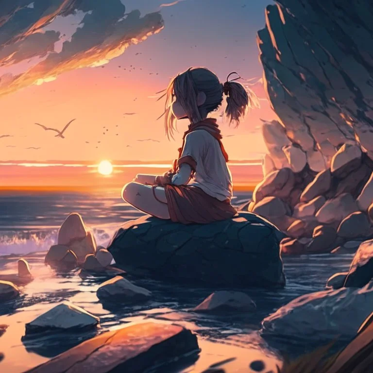 A girl is sitting on the edge of the rocks by the seashore and is meditating. The sun is setting, digital art, anime, 4k, full details