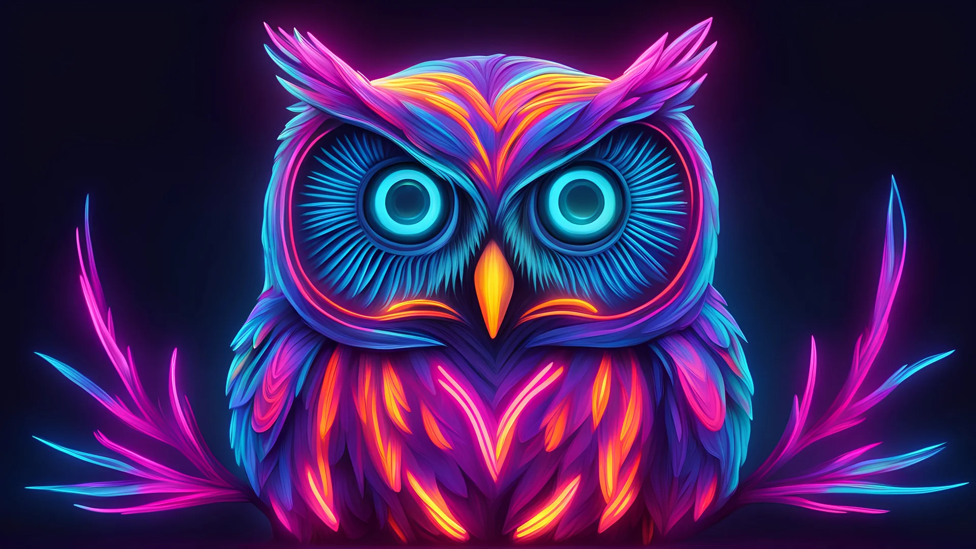 Create a digital artwork featuring a brightly lit neon owl as the centerpiece. The owl should be depicted in vibrant neon colors such as electric blue, neon green, hot pink, and bright orange. Each part of the owl should have a glowing effect, making it appear as if it is illuminated by neon lights.
