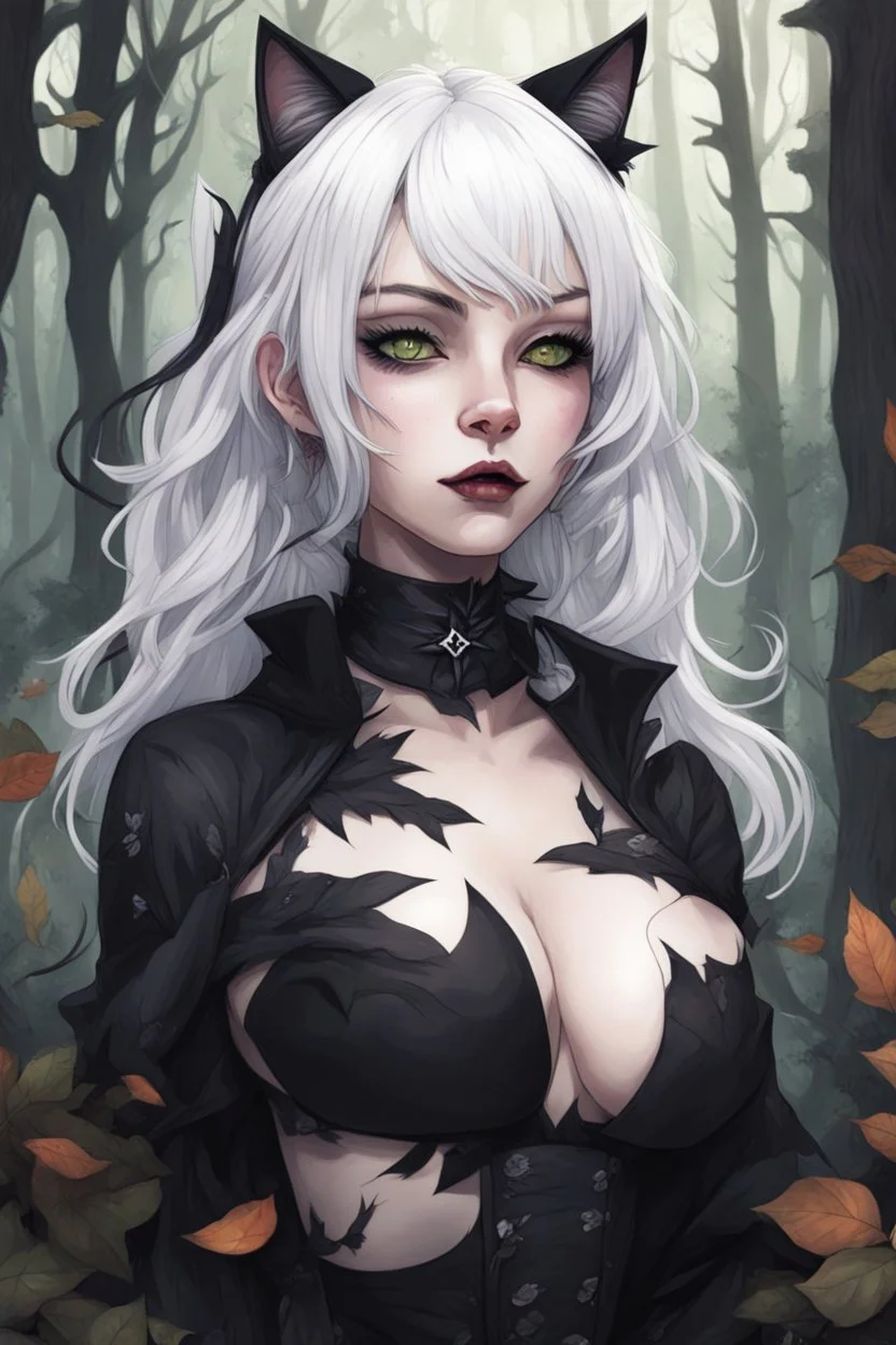 CAT GIRL, goth, forest, nature, cartoon, leaves, boobs, portrait, colour image, white hair