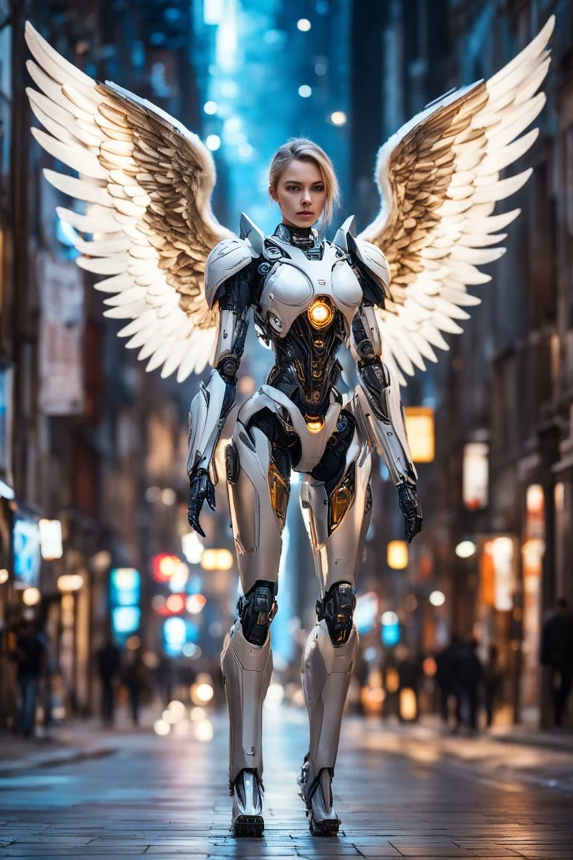 Photography Full body robot cyborgs mechanical electrical realistic super model Russian beautiful Angel woman straddle wings hyper detailed,background walking night city street