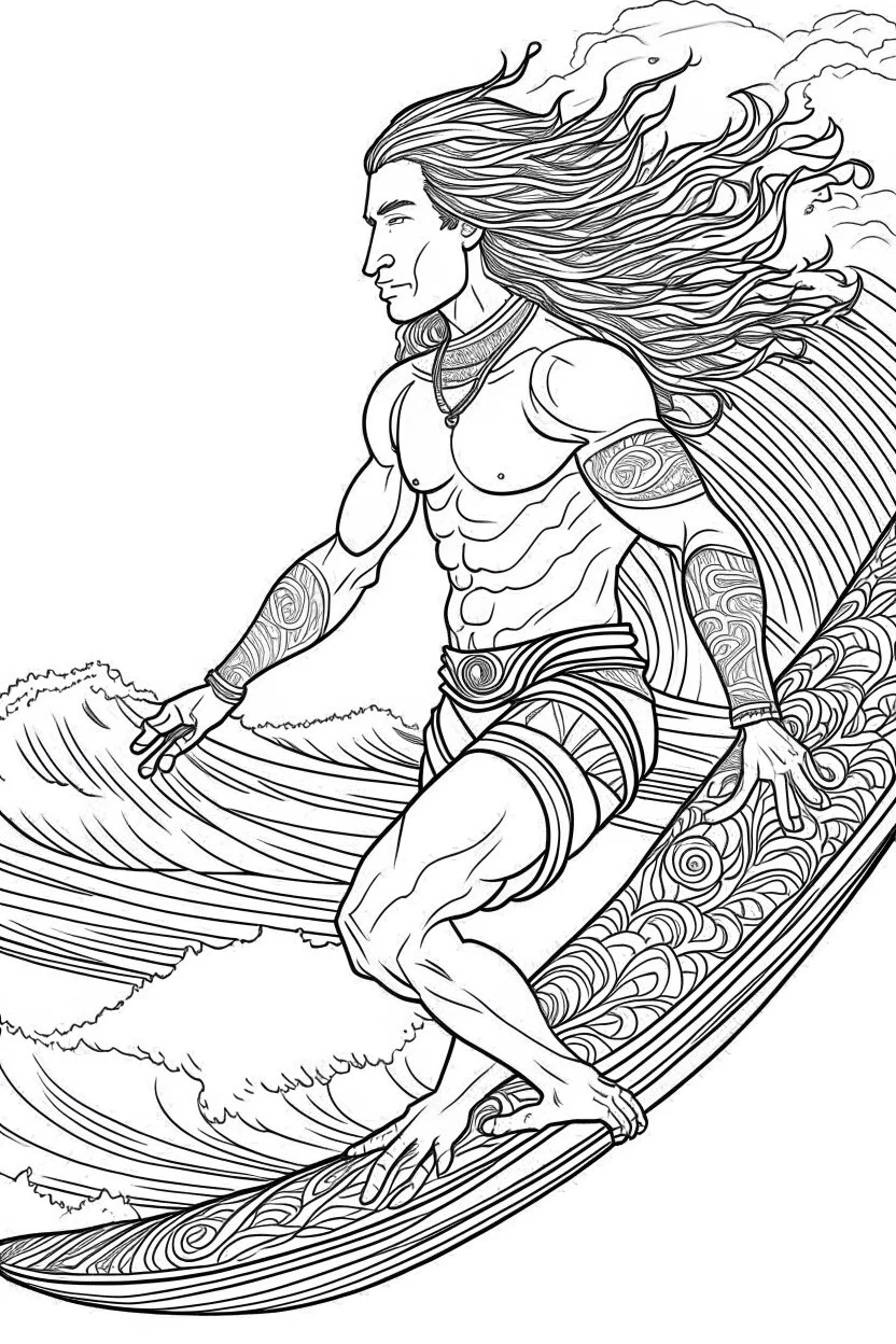 Outline art for coloring page OF A BUFF SURFER WITH LONG CURLY HAIR LOOKING AWAY FROM THE CAMERA IN SHORTS RIDING A WAVE IN HAWAII, coloring page, white background, Sketch style, only use outline, clean line art, white background, no shadows, no shading, no color, clear