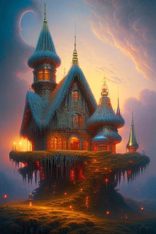 Gingerbread house, H. R. Giger Tishk Barzanji Michiel Schrijver Zdzisław Beksiński Beautiful synthwave city painting, digital illustration, extreme detail, digital art, 4k, Ultra HD