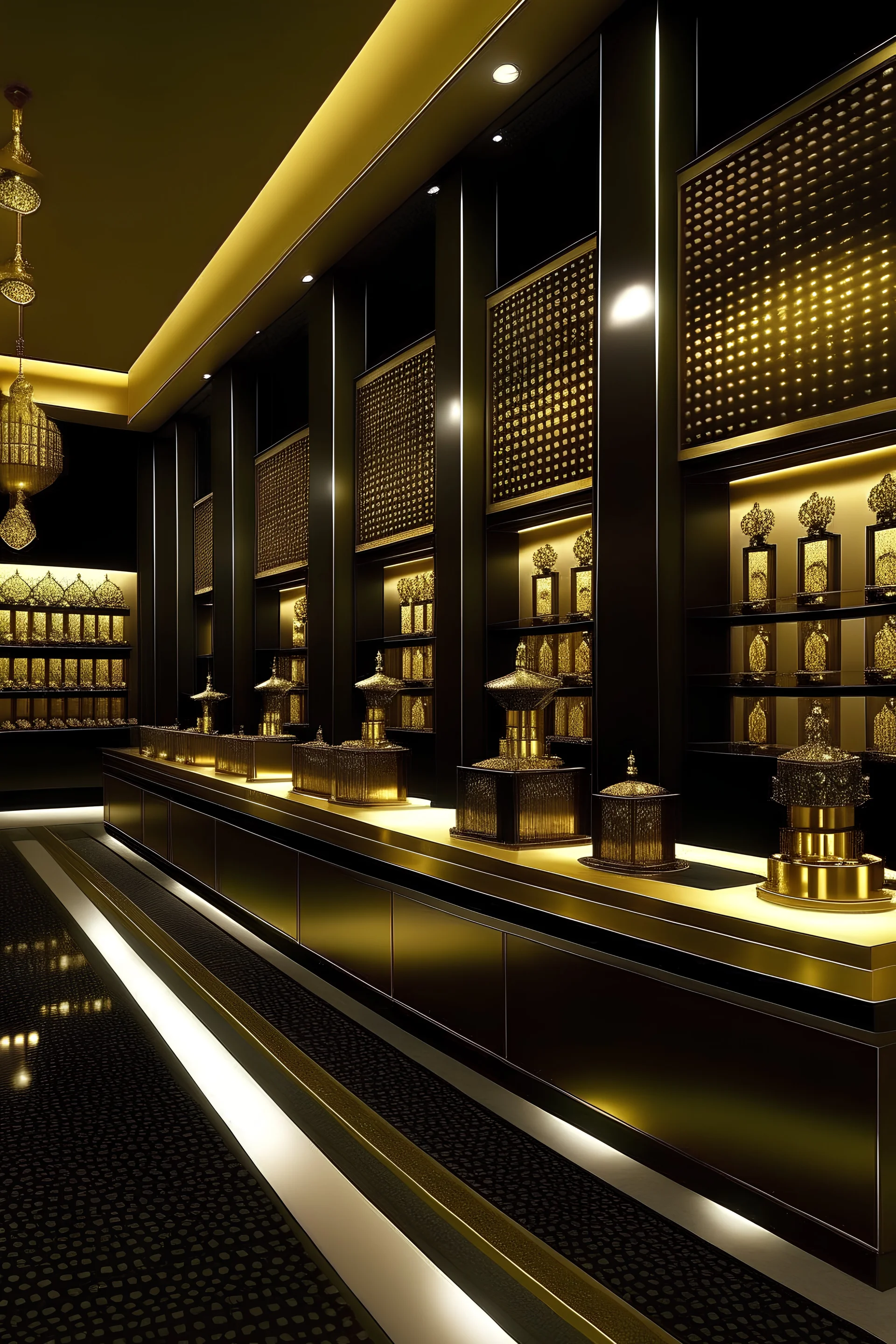 design a modern and elegant with touch of Arabic style specifically from oman retail store for Amouage perfumes use gold and black ALL FROM same place