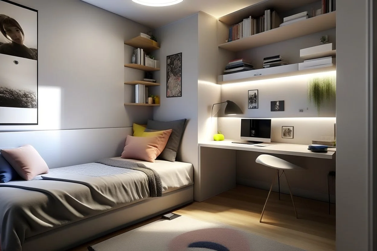 A youthful room with a PC 🖥️ and a bed 🛏️ 190 cm, 90 cm wide, and RGP side lighting.