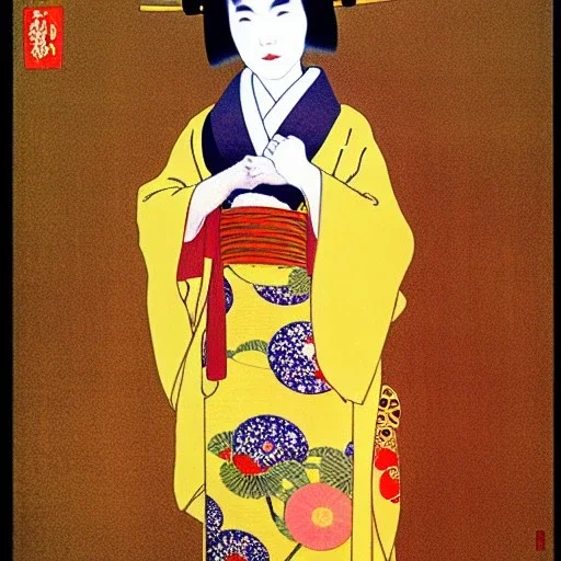 Retrato de cuerpo entero una Geisha con kimono con Katana con el estilo de Gustav Klimt