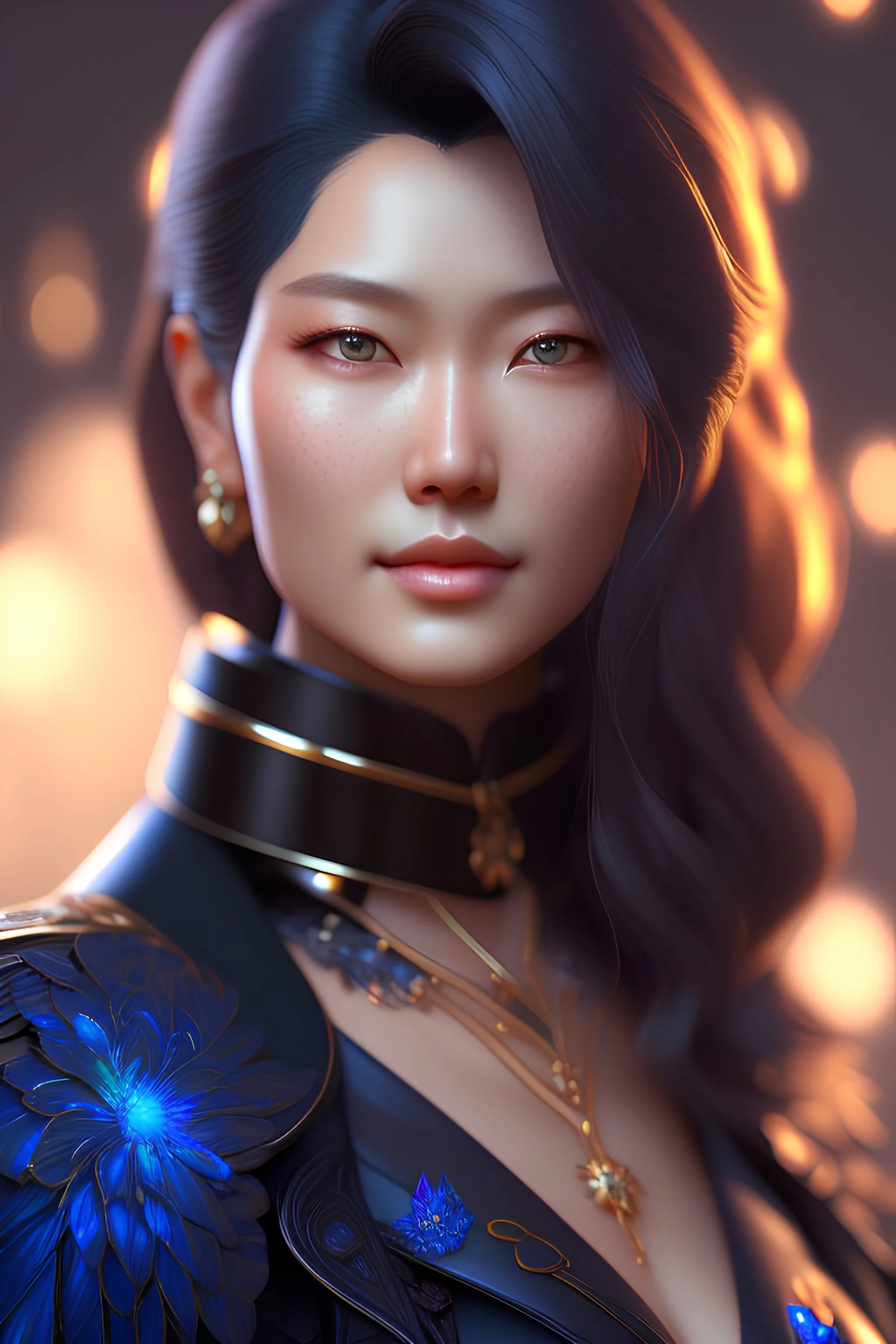 Happy young woman, crow hair, highlights, deep blue eyes, black blouse, light blush portrait, 8k resolution concept art portrait by Young-Sung Kim, Artgerm, WLOP, Alphonse Mucha dynamic lighting hyperdetailed intricately detailed Splash art trending on Artstation triadic colors Unreal Engine 5 volumetric lighting"