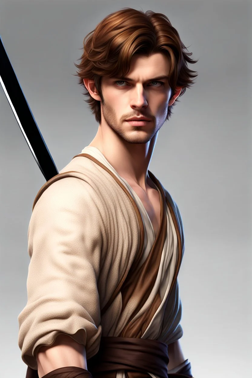 wide fantasy young noble swordsman short brown hair photorealistic