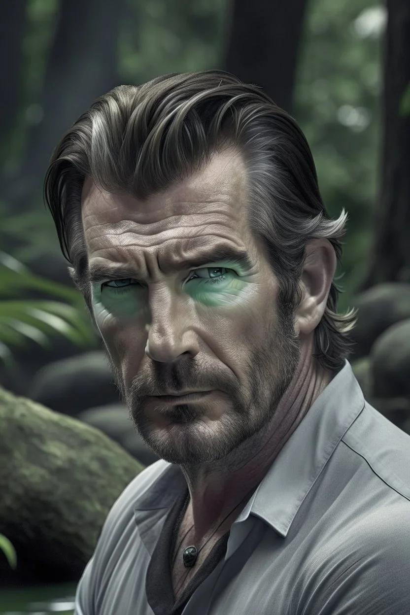 Portait young pierce brosnan as fantasy alpha werewolf in human form very muscular short cropped dark hair and stubble on chin, tribal tattoos wearing white button up shirt with rolled up sleeves realistic face, close-up, dark fantasy, fantasy forest, intricate details, hyper detailed, photograph