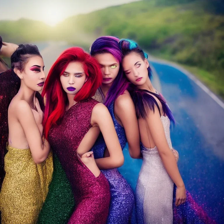 high resolution color photography of a group of models posing on a highway, mixed race, male and female, wearing elegant clothes, colorful glitter makeup, colorful hair, soft focus, 8k, hard light, hard shadows, volumetric lighting, highly detailed, high resolution