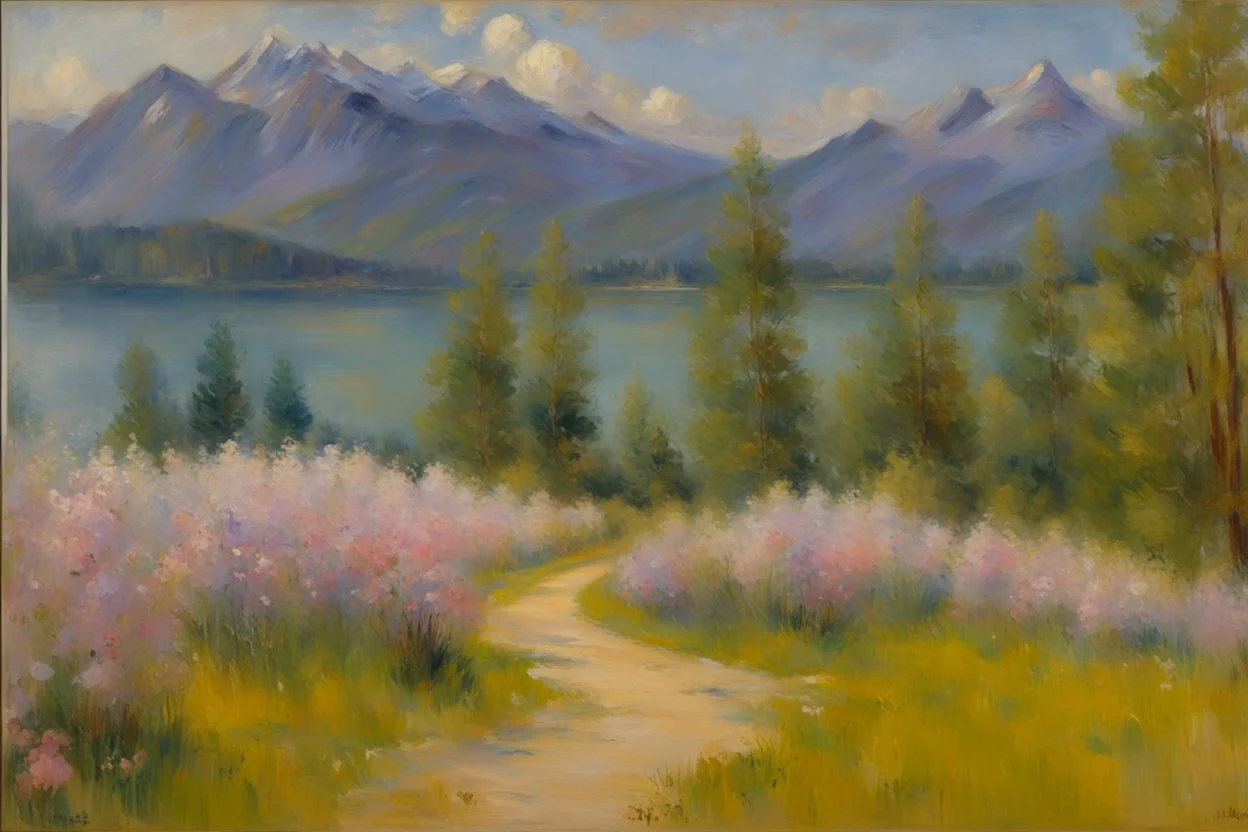 Mountains, lake, flowers, pathway, pine trees, clouds, philip wilson steer impressionism painting