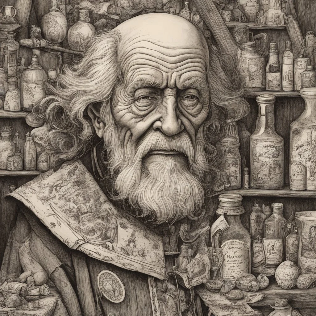 a Dutch Renaissance era inked caricature illustration of a wizened and aged elder apothecary highly detailed facial features, in the style of Pieter Brueghel the Elder , Hieronymus Bosch, and Gerald Scarfe aged canvas, craquelure finish, archaic masterpiece, 4k