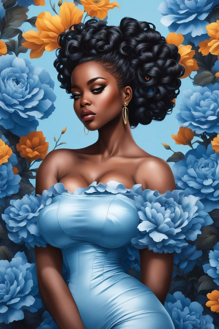 Create an urban art image of a curvy black female wearing a light blue off the shoulder blouse and she is looking down with Prominent makeup. Highly detailed long curly messy bun. Background of large blue and black flowers surrounding her