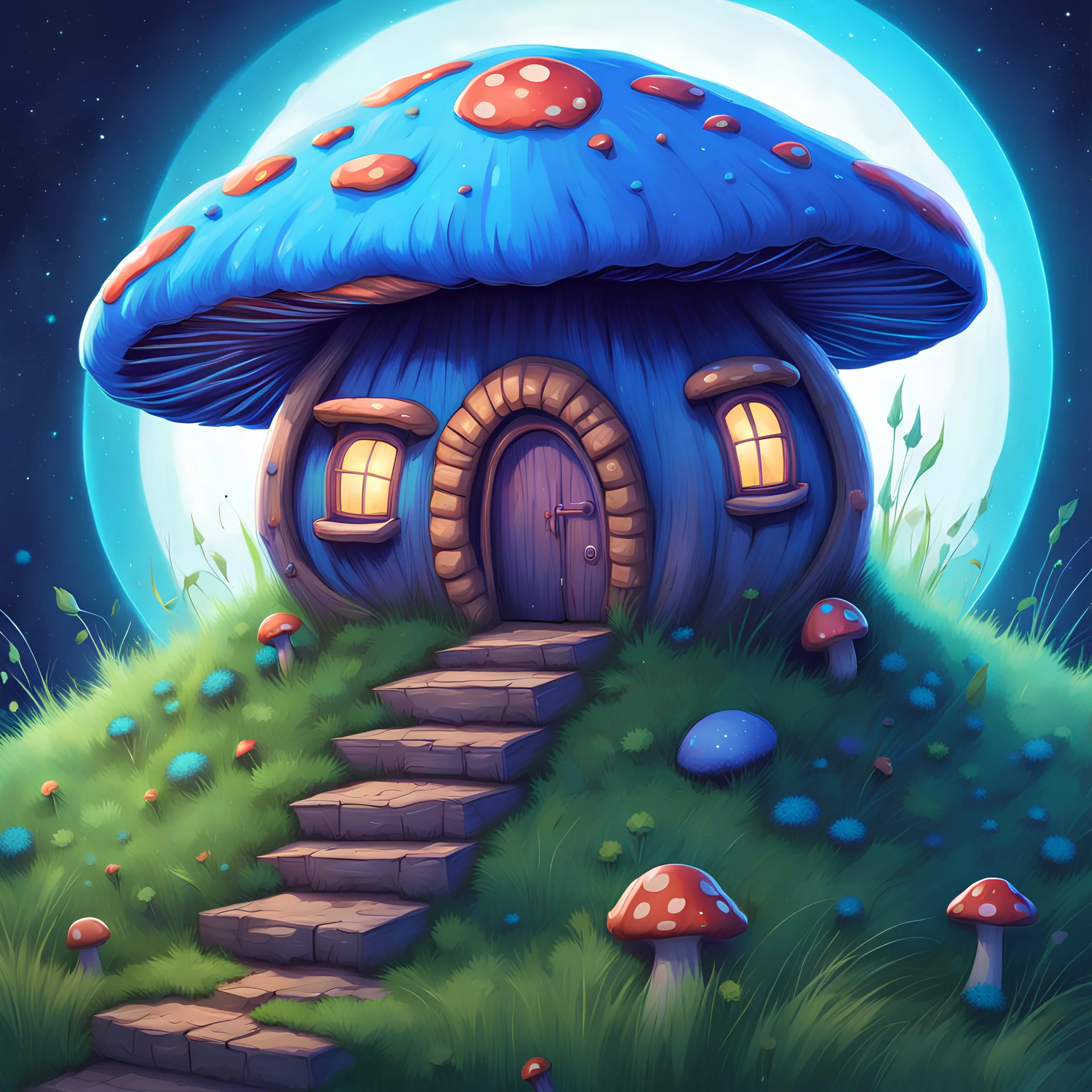 vibrant indigo and cyan mushroom house on dirt pillar grassy top outer space. stars, grass, mushroom house, dirt pillar. Detailed gloss Painting, rich color, fantastical, intricate detail, splash screen, hyperdetailed, insane depth, concept art, 8k resolution, trending on artstation