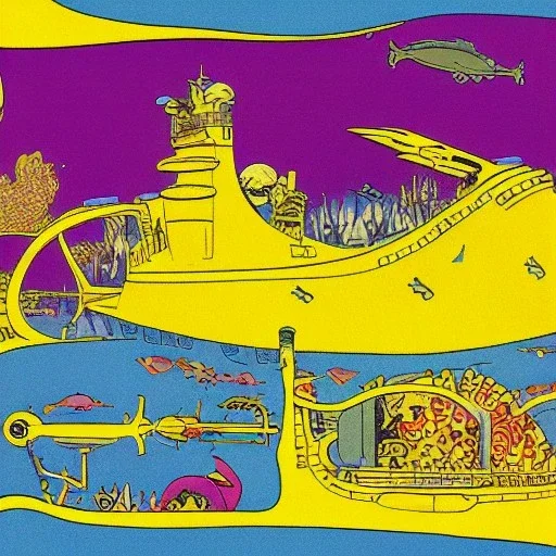 biplan yellow submarine by disney in a seabed imagined by winsor mccay